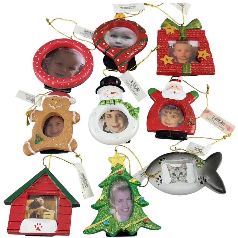 9 Christmas Photo Frame Magnetic Ornaments Festive Holiday Pet Tree Snowman